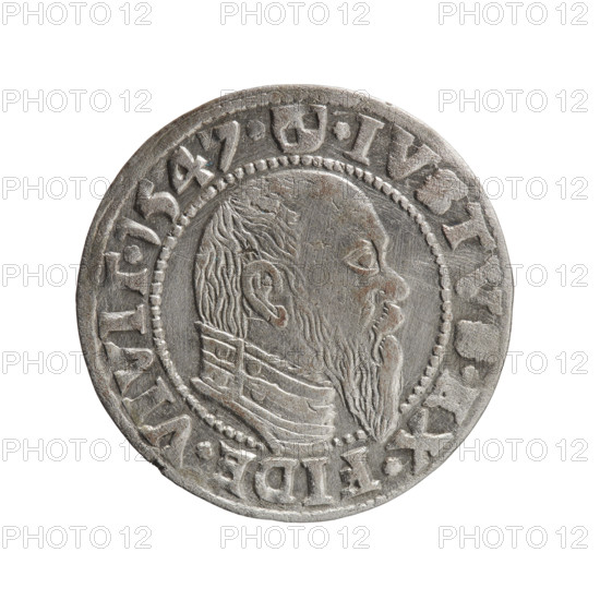 grosz, Schilling, Maciej; 1547; Ducal Prussia (1525–1701), Königsberg; coin (diameter 23.0 mm, weight 1.90 g, axis 315°). Obv.: Prussian eagle, on its chest the crowned letter S; rim between pearl-shaped borders bears inscription beginning with a trefoil ALBER*D*G*MAR*BRAN*DVX*PRVS. Rev.: male bust in armor in profile turned to the right; short hair, long pointed beard with sideburns; dividing inner border; rim between pearl-shaped borders bears inscription beginning with the Hohenzollern shield *IV, TV, *EX*FIDE*VIVIT*I547. Iconography: male busts in armor, Hohenzollern (coat of arms).
