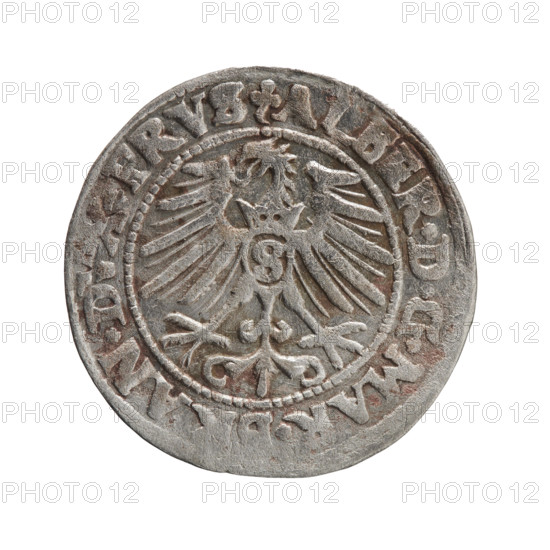grosz, Schilling, Maciej, Albrecht Hohenzollern (Prince of Prussia; 1490-1568) - iconography, eagles, Hohenzollern (coat of arms), male busts in armor, Obv. Prussian eagle, on its chest the crowned letter S. In the rim, between the pearl-shaped borders, an inscription beginning with a trefoil ALBER*D*G*MAR*, AN*DVX*PRVS. Rev. Male bust in armor in profile turned to the right; short hair, long, pointed beard with sideburns, dividing the inner border. In the rim, between the pearl-shaped borders, an inscription beginning with the Hohenzollern shield IVSTVS*EX*FIDE*VIV..*I54]7, 1547, Ducal Prussia (1525-1701), Königsberg, coin: diameter 23.9 mm, weight 1.80 g, axis 250 degrees