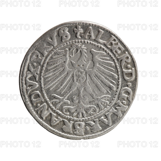 grosz, Schilling, Maciej, Albrecht Hohenzollern (Prince of Prussia; 1490–1568) - iconography, eagles, male busts in armor, Hohenzollern (coat of arms). Obv.: Prussian eagle, on its chest the crowned letter S; in the rim, between pearl-shaped borders, inscription beginning with a trefoil ALBER*D*G*MAR*BRAN*DVX*PRVS. Rev.: male bust in armor in profile to the right; short hair, long pointed beard with sideburns, dividing the inner border; in the rim, between pearl-shaped borders, inscription beginning with the Hohenzollern shield *IVSTVS*EX*FIDE*VIVIT* I547*. 1547, Königsberg, Ducal Prussia (1525–1701). Coin: diameter 23.3 mm, weight 1.93 g, axis 315°.