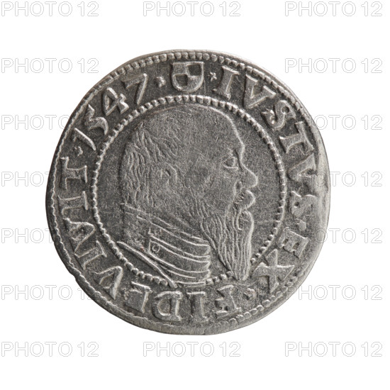 Albrecht Hohenzollern (Prince of Prussia; 1490–1568) — obverse: Prussian eagle with crowned letter S on its chest; in rim between pearl-shaped borders, inscription beginning with a trefoil ALBER*D*G*MAR*BRAN*DVX*PRVS. Reverse: male bust in armor in profile to the right; short hair, long pointed beard with sideburns, inner border divided; in rim between pearl-shaped borders, inscription beginning with the Hohenzollern shield *IVSTVS*EX*FIDE*VIVIT* I547*. Date: 1547; place: Königsberg, Ducal Prussia (1525–1701). Coin; diameter 23.3 mm; weight 1.93 g; axis 315°.
