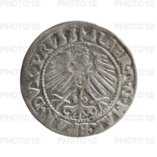 Albrecht Hohenzollern (Prince of Prussia; 1490–1568) — coin, 1547. Obverse: Prussian eagle, on its chest the crowned letter S; in the rim between pearl-shaped borders an inscription beginning with a trefoil ALBER*D*G*MAR*BRAN*DVX*PRVSS. Reverse: male bust in armor in profile turned to the right; short hair, long pointed beard with sideburns, dividing the inner border; in the rim between pearl-shaped borders an inscription beginning with the Hohenzollern shield *IVSTVS*EX*, IT*I547*. Ducal Prussia (1525–1701). Diameter 23.5 mm, weight 1.90 g, axis 180°.