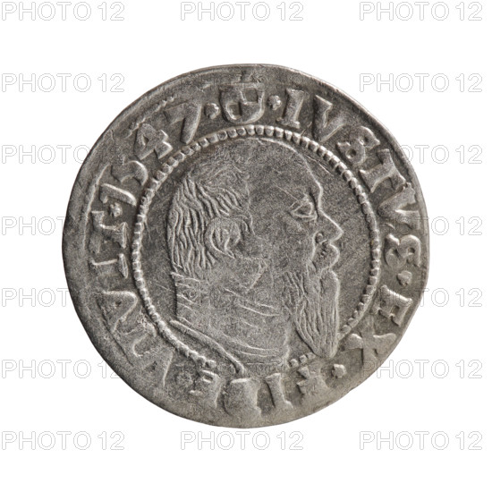 Albrecht Hohenzollern (Prince of Prussia; 1490–1568) — coin, 1547, Königsberg, Ducal Prussia (1525–1701). Obverse: Prussian eagle with crowned letter S on its chest; rim inscription beginning with a trefoil ALBER*D*G*MAR*BRAN*DVX*PRVSS between pearl-shaped borders. Reverse: male bust in armor in profile turned right; short hair, long pointed beard with sideburns; inner border divided by the Hohenzollern shield and rim inscription beginning with *IVSTVS*EX* … IT*I547*; diameter 23.5 mm, weight 1.90 g, axis 180°.