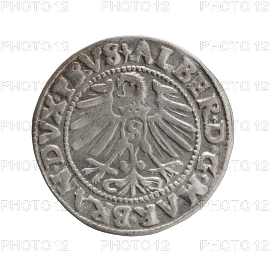 grosz; Schilling, Maciej; eagles; Albrecht Hohenzollern (Prince of Prussia; 1490–1568) — iconography; Hohenzollern (coat of arms); male busts in armour. Obverse: Prussian eagle, on his chest the crowned letter S; in the rim, between the pearl-shaped borders, an inscription beginning with a trefoil ALBER*D*G*MAR*BRAN*DVX*PRVS. Reverse: male bust in armour in profile turned to the right; short hair, long pointed beard with sideburns, dividing the inner rim; in the rim, between the pearl-shaped borders, an inscription beginning with the Hohenzollern shield *IVSTVS*EX*FIDE*VIVIT*I547*. Date: 1547. Place/style: Ducal Prussia (1525–1701), Königsberg. Coin: diameter 23.2 mm; weight 1.99 g; axis 90°.