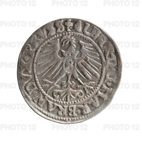 grosz, Schilling, Maciej; eagles; Albrecht Hohenzollern (Prince of Prussia; 1490–1568) — iconography; Hohenzollern (coat of arms); male busts in armour. Obverse: Prussian eagle, on its chest the crowned letter S. In the rim, between the pearl-shaped borders, an inscription beginning with a trefoil ALB, R, *MAR*BRAN*DVX*PRVSS. Reverse: male bust in armour in profile turned to the right; short hair, long pointed beard with sideburns, dividing the inner border. In the rim, between the pearl-shaped borders, an inscription beginning with the Hohenzollern shield *IVSTVS*EX*FIDE*VIVIT*I547*. Dated 1547. Ducal Prussia (1525–1701), Königsberg. Coin: diameter 23.7 mm, weight 1.97 g, axis 50°.