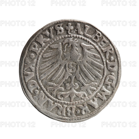 grosz, Schilling, Maciej, Albrecht Hohenzollern (Prince of Prussia; 1490–1568) — iconography: eagles, Hohenzollern (coat of arms), male busts in armor. Obv.: Prussian eagle, on its chest a crowned letter S; in the rim between pearl-shaped borders an inscription beginning with a trefoil ALBER*D*G*MAR*BRAN*DVX*PRVS. Rev.: Male bust in armor in profile to the right; short hair, long pointed beard with sideburns, dividing the inner border; in the rim between pearl-shaped borders an inscription beginning with the Hohenzollern shield *IV,TVS*,X*FIDE*VIVIT*I548*. 1548; Ducal Prussia (1525–1701), Königsberg. Coin: diameter 23.4 mm, weight 1.85 g, axis 45°.
