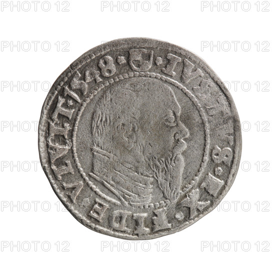 Albrecht Hohenzollern (Prince of Prussia; 1490–1568) — coin (Ducal Prussia, Königsberg, 1548). Obverse: Prussian eagle, on its chest a crowned letter S; in the rim between pearl-shaped borders an inscription beginning with a trefoil: ALBER*D*G*MAR*BRAN*DVX*PRVS. Reverse: male bust in armor in profile to the right; short hair, long pointed beard with sideburns, dividing the inner border; in the rim between pearl-shaped borders an inscription beginning with the Hohenzollern shield: *IV, TVS*, X*FIDE*VIVIT*I548*. Iconography: eagles, Hohenzollern coat of arms, male busts in armor. Coin details: diameter 23.4 mm, weight 1.85 g, axis 45°.