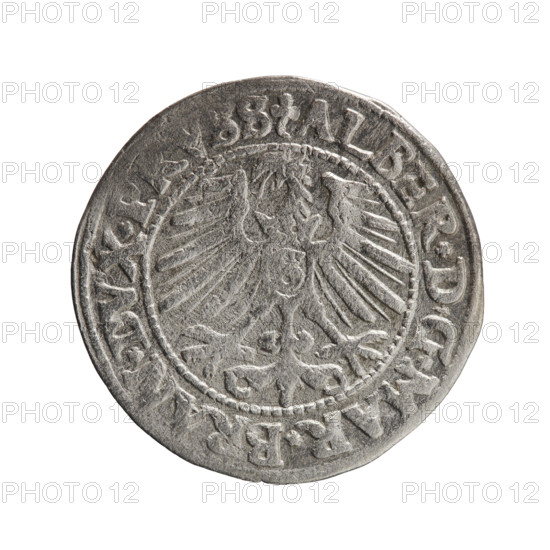 grosz, Schilling, Maciej, Albrecht Hohenzollern (Prince of Prussia; 1490–1568) - iconography; eagles; Hohenzollern (coat of arms); male busts in armor. Obverse: Prussian eagle, on its chest the crowned letter S; in the rim, between the pearl-shaped borders, an inscription beginning with a trefoil ALBER*D*G*MAR*BRAN*DVX*. Reverse: male bust in armor in profile turned to the right; short hair, long pointed beard with sideburns, dividing the inner border; in the rim, between the pearl-shaped borders, an inscription beginning with the Hohenzollern shield *IVSTVS*EX*FI, IVIT*I, 48*, 1548. Ducal Prussia (1525–1701), Königsberg; coin: diameter 23.7 mm, weight 1.77 g, axis 150°.