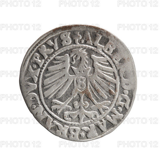 grosz, Schilling, Maciej, eagles, Albrecht Hohenzollern (Prince of Prussia; 1490–1568) - iconography, Hohenzollern (coat of arms), male busts in armour. Obv.: Prussian eagle, on his chest the crowned letter S; on the rim, between the pearl-shaped borders, an inscription beginning with a trefoil ALB,*G*MAR*BRAN*DVX*PRVS. Rev.: Male bust in armour in profile turned to the right; short hair, long pointed beard with sideburns, dividing the inner border; on the rim, between the pearl-shaped borders, an inscription beginning with the Hohenzollern shield *IVSTVS*EX*FIDE*VI. Date: 1548. Issued in Ducal Prussia (1525–1701), Königsberg. Coin: diameter 23.2 mm, weight 1.97 g, axis 45°.