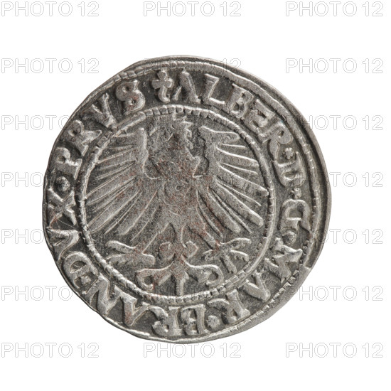 Albrecht Hohenzollern (Prince of Prussia; 1490–1568) — coin, 1548. Obverse: Prussian eagle; in rim between pearl-shaped borders, inscription beginning with a trefoil: ALBER*D*G*MAR*BRAN*DVX*PRVS. Reverse: male bust in armor in profile turned right; short hair, long pointed beard with sideburns, dividing the inner border; in rim between pearl-shaped borders, inscription beginning with the Hohenzollern shield: *IVSTVS*EX*FIDE*VIVIT*I548*. Ducal Prussia (1525–1701), Königsberg. Coin diameter 23.3 mm, weight 1.88 g, axis 135°. Makers: Grosz, Schilling, Maciej.