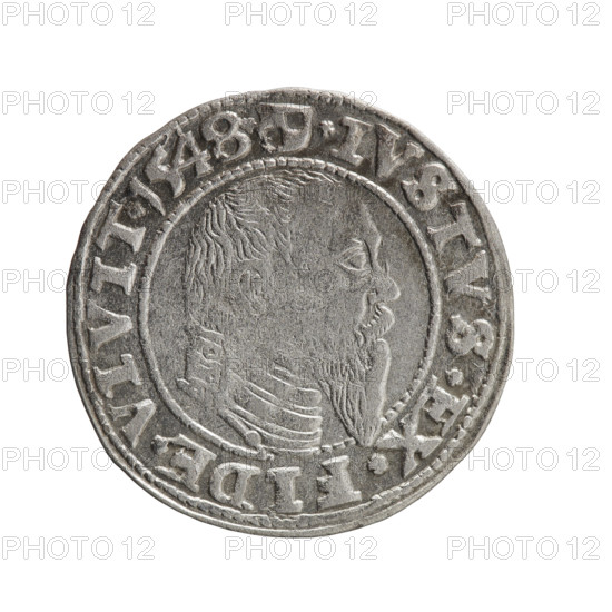 Albrecht Hohenzollern (Prince of Prussia; 1490–1568). Obverse: Prussian eagle; in the rim between pearl-shaped borders an inscription beginning with a trefoil: ALBER*D*G*MAR*BRAN*DVX*PRVS. Reverse: male bust in armor in profile to the right; short hair, long pointed beard with sideburns, dividing the inner border; in the rim between pearl-shaped borders an inscription beginning with the Hohenzollern shield *IVSTVS*EX*FIDE*VIVIT* I548*. 1548. Ducal Prussia (1525–1701), Königsberg. Coin; diameter 23.3 mm, weight 1.88 g, axis 135°. Maker: Grosz, Schilling, Maciej.