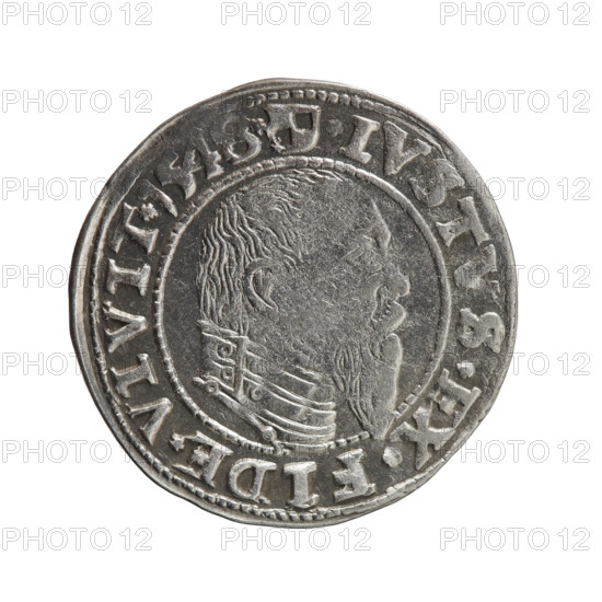 grosz, Schilling, Maciej, Albrecht Hohenzollern (Prince of Prussia; 1490–1568) — iconography: eagles, male busts in armor, Hohenzollern coat of arms. Obverse: Prussian eagle, on its chest the crowned letter S; in the rim between pearl-shaped borders an inscription beginning with a trefoil ALBER*D*G*MAR*BRAN*DVX*PRVS. Reverse: male bust in armor in profile turned to the right; short hair, long pointed beard with sideburns, dividing the inner border; in the rim between pearl-shaped borders an inscription beginning with the Hohenzollern shield *IVSTVS*EX*FIDE*VIVIT*I548*. 1548; Ducal Prussia (1525–1701), Königsberg; coin, diameter 23.7 mm, weight 1.97 g, axis 135°.
