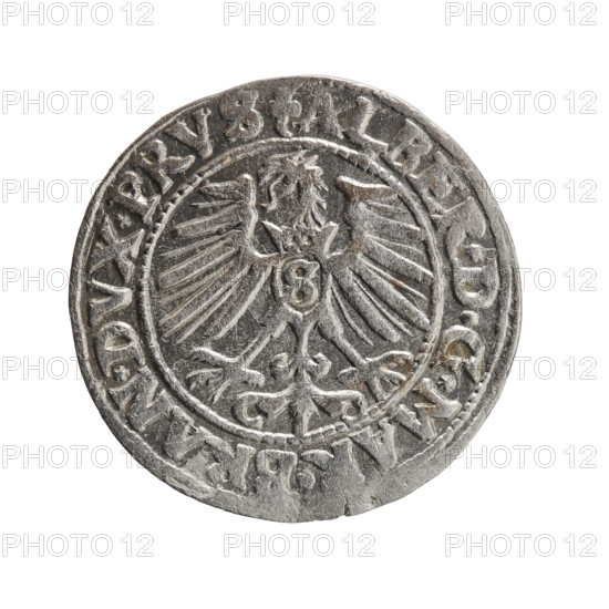 grosz, Schilling, Maciej, eagles, Albrecht Hohenzollern (Prince of Prussia; 1490–1568) - iconography, Hohenzollern (coat of arms), male busts in armor. Obv.: Prussian eagle, on his chest the crowned letter S; in the rim, between the pearl-shaped borders, an inscription beginning with a trefoil ALBER*D*G*MAR*BRAN*DVX*PRVS. Rev.: Male bust in armor in profile turned to the right; short hair, long pointed beard with sideburns, dividing the inner border; in the rim, between the pearl-shaped borders, an inscription beginning with the Hohenzollern shield *IVSTVS*, X*FIDE*VIVIT*I548*. 1548. Ducal Prussia (1525–1701), Königsberg. Coin: diameter 23.4 mm, weight 1.86 g, axis 90°.