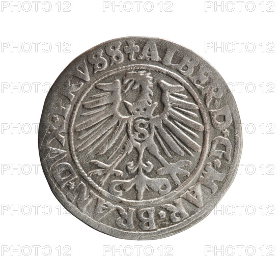 grosz; eagles; Albrecht Hohenzollern (Prince of Prussia; 1490–1568) — iconography; male bust in armor; Hohenzollern (coat of arms). Obverse: Prussian eagle, on its chest the crowned letter S; on the rim, between the pearl-shaped borders, an inscription beginning with a trefoil: ALBER*D*G*MAR*BRAN*DVX*PRVSS. Reverse: male bust in armor in profile turned to the right; short hair, long pointed beard with sideburns, dividing the inner border; on the rim, between the pearl-shaped borders, an inscription beginning with the Hohenzollern shield: *IVSTVS*EX*FIDE*VIVIT*I550*. 1550, Königsberg, Ducal Prussia (1525–1701). Coin: diameter 23.0 mm; weight 1.90 g; axis 45°.