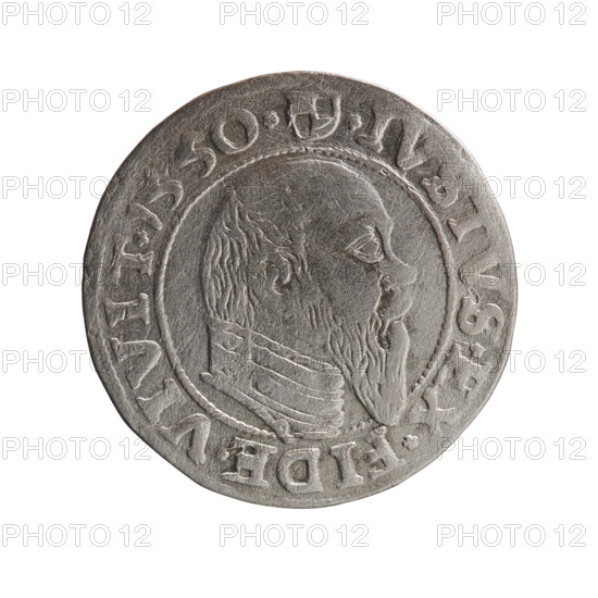 Albrecht Hohenzollern (Prince of Prussia; 1490–1568) — coin, 1550, Königsberg, Ducal Prussia. Obverse: Prussian eagle with crowned letter S on its chest; rim inscription beginning with a trefoil ALBER*D*G*MAR*BRAN*DVX*PRVSS between pearl-shaped borders. Reverse: male bust in armor in profile to the right; short hair, long pointed beard with sideburns; Hohenzollern shield and rim inscription beginning with *IVSTVS*EX*FIDE*VIVIT*I550*. Coin: diameter 23.0 mm, weight 1.90 g, axis 45°.