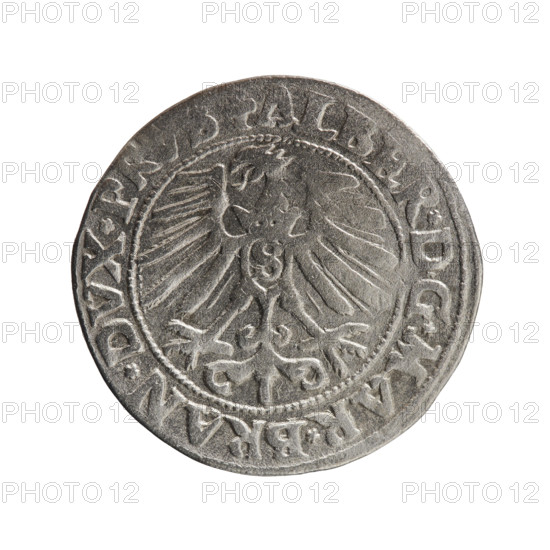 grosz, eagles, Albrecht Hohenzollern (Prince of Prussia; 1490–1568) - iconography, Hohenzollern (coat of arms), male busts in armor, Obverse: Prussian eagle, on its chest a crowned letter S; on the rim, between pearl-shaped borders, an inscription beginning with a trefoil ALBER*D*G*MAR*BRAN*DVX*P. Reverse: male bust in armor in profile turned to the right; short hair, long pointed beard with sideburns, dividing the inner border; on the rim, between pearl-shaped borders, an inscription beginning with the Hohenzollern shield *IVSTVS*EX*FIDE*VIVIT*I550*. 1550, Ducal Prussia (1525–1701), Königsberg; coin, diameter 23.5 mm, weight 1.88 g, axis 110°.