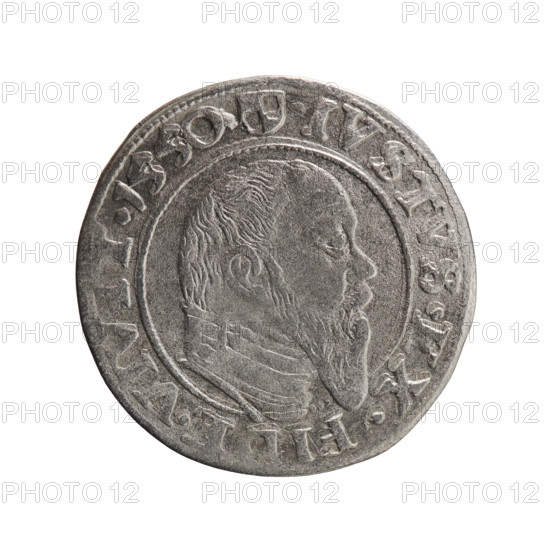 grosz, eagles, Albrecht Hohenzollern (Prince of Prussia; 1490–1568) — iconography, Hohenzollern (coat of arms), male busts in armor. Obverse: Prussian eagle; on its chest a crowned letter S. On the rim, between pearl-shaped borders, an inscription beginning with a trefoil: ALBER*D*G*MAR*BRAN*DVX*P. Reverse: male bust in armor in profile to the right; short hair, long pointed beard with sideburns, dividing the inner border. On the rim, between pearl-shaped borders, an inscription beginning with the Hohenzollern shield: *IVSTVS*EX*FIDE*VIVIT* I550*; dated 1550. Ducal Prussia (1525–1701), Königsberg; coin. Diameter 23.5 mm, weight 1.88 g, axis 110°