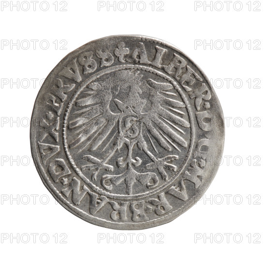 grosz; eagles; Albrecht Hohenzollern (Prince of Prussia; 1490–1568) — iconography; Hohenzollern coat of arms; male busts in armor. Obverse: Prussian eagle, on its chest a crowned letter S; on the rim between pearl-shaped borders, inscription beginning with a trefoil ALBER*D*G*MAR*BRAN*DVX*PRVSS. Reverse: male bust in armor in profile facing right; short hair, long pointed beard with sideburns, inner border divided by the Hohenzollern shield; on the rim between pearl-shaped borders, inscription beginning with *IVSTVS*EX*FIDE*VIVI. Date: 1550. Place: Ducal Prussia (1525–1701), Königsberg. Coin; diameter 23.3 mm; weight 1.82 g; axis 20°.