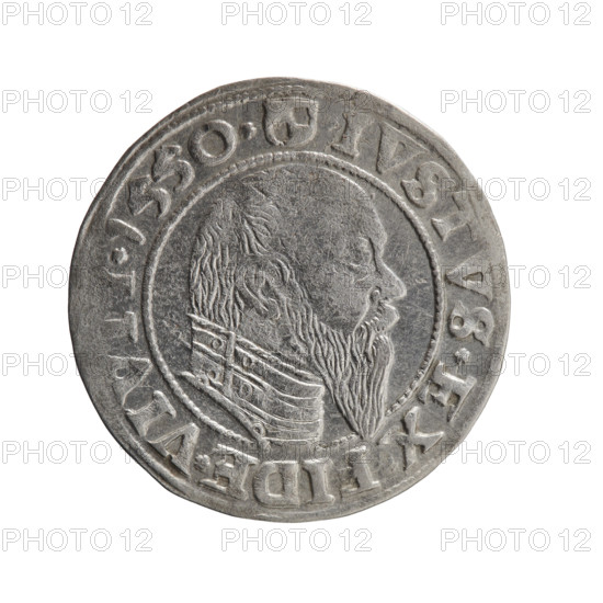 grosz; eagles; Albrecht Hohenzollern (Prince of Prussia; 1490–1568) — iconography; Hohenzollern (coat of arms); male busts in armor. Obverse: Prussian eagle, on its chest a crowned letter S; on the rim, between pearl-shaped borders, an inscription beginning with a trefoil: ALBER*D*G*MAR*BRAN*DVX*PRVSS. Reverse: male bust in armor in profile turned to the right; short hair, long pointed beard with sideburns, dividing the inner border; on the rim, between pearl-shaped borders, an inscription beginning with the Hohenzollern shield: *IVSTVS*EX*FIDE*VIVI; dated 1550. Ducal Prussia (1525–1701), Königsberg; coin; diameter 23.3 mm; weight 1.82 g; axis 20°.