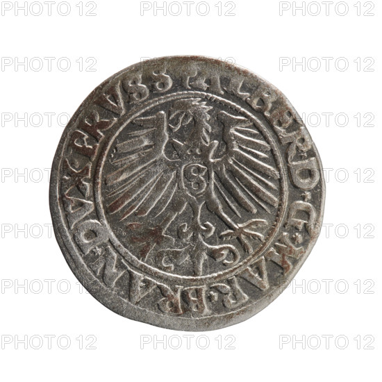 groschen, Albrecht Hohenzollern (Prince of Prussia; 1490–1568) - iconography: eagles, Hohenzollern (coat of arms), male busts in armor. Obverse: Prussian eagle, on its chest a crowned letter S; on the rim, between pearl-shaped borders, an inscription beginning with a trefoil, BER*D*G*MAR*BRAN*DVX*PRVSS. Reverse: male bust in armor in profile turned right; short hair, long pointed beard with sideburns, dividing the inner rim; on the rim, between pearl-shaped borders, an inscription beginning with the Hohenzollern shield *IVSTVS*EX*FIDE*VIVIT*I550*. 1550. Ducal Prussia (1525–1701), Königsberg. Coin: diameter 22.8 mm, weight 1.78 g, axis 330°.