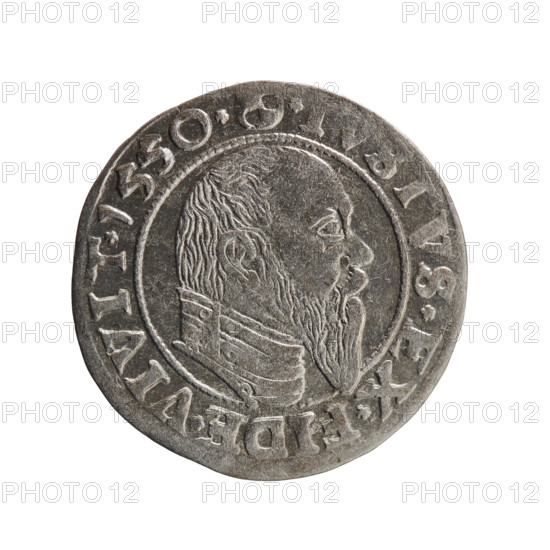 groschen, Albrecht Hohenzollern (Prince of Prussia; 1490–1568) - iconography: eagles, Hohenzollern (coat of arms), male busts in armor. Obverse: Prussian eagle; on its chest a crowned letter S. On the rim, between pearl-shaped borders, an inscription beginning with a trefoil, BER*D*G*MAR*BRAN*DVX*PRVSS. Reverse: male bust in armor in profile turned right; short hair, long pointed beard with sideburns, dividing the inner rim. On the rim, between pearl-shaped borders, an inscription beginning with the Hohenzollern shield *IVSTVS*EX*FIDE*VIVIT*I550*. 1550. Ducal Prussia (1525–1701), Königsberg. Coin: diameter 22.8 mm; weight 1.78 g; axis 330°.
