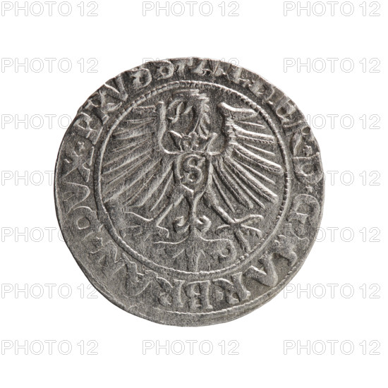 groschen, Albrecht Hohenzollern (Prince of Prussia; 1490–1568) - iconography: eagles, Hohenzollern (coat of arms), male busts in armor. Obv.: Prussian eagle, on its chest a crowned letter S; on the rim, between pearl-shaped borders, an inscription beginning with a trefoil, R*D*G*MAR*BRAN*DVX*PRV. Rev.: male bust in armor in profile turned to the right; short hair, long pointed beard with sideburns, dividing the inner rim; on the rim, between pearl-shaped borders, an inscription beginning with the Hohenzollern shield *IVSTVS*EX*FIDE*VIVIT. 1550, Königsberg, Ducal Prussia (1525–1701). Coin: diameter 22.0 mm, weight 1.92 g, axis 160°.