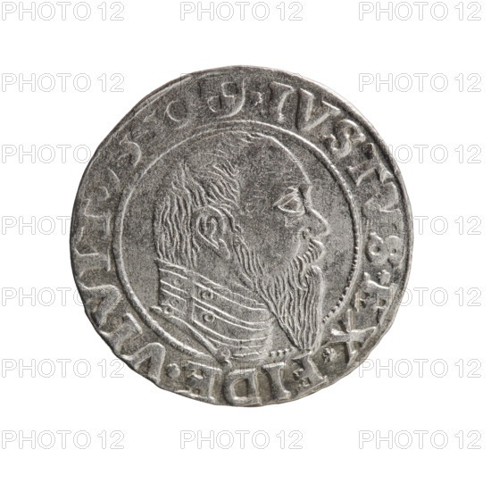 groschen, Albrecht Hohenzollern (Prince of Prussia; 1490–1568) - iconography, eagles, Hohenzollern (coat of arms), male busts in armor. Obv.: Prussian eagle; on its chest a crowned letter S. On the rim, between pearl-shaped borders, an inscription beginning with a trefoil: R*D*G*MAR*BRAN*DVX*PRV. Rev.: Male bust in armor in profile turned to the right; short hair, long pointed beard with sideburns, dividing the inner rim. On the rim, between pearl-shaped borders, an inscription beginning with the Hohenzollern shield: *IVSTVS*EX*FIDE*VIVIT. 1550, Königsberg, Ducal Prussia (1525–1701). Coin: diameter 22.0 mm, weight 1.92 g, axis 160°.