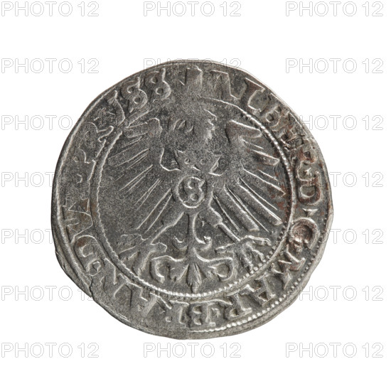 groschen, Albrecht Hohenzollern (Prince of Prussia; 1490–1568) - iconography: eagles, male busts in armor, Hohenzollern coat of arms. Obverse: Prussian eagle, on its chest the crowned letter S; on the rim, between pearl-shaped borders, inscription 'ALBER*D*G*MAR*BRAN*DVX*PRVSS'. Reverse: male bust in armor in profile facing right; short hair, long pointed beard with sideburns, dividing the inner border; on the rim, between pearl-shaped borders, inscription beginning with the Hohenzollern shield and reading '*IVSTVS*EX*FIDE*VIVIT, I558*, 1558'. Ducal Prussia (1525–1701), Königsberg. Coin: diameter 22.8 mm, weight 1.90 g, axis 60°.