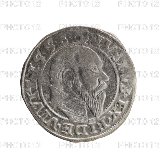 groschen, Albrecht Hohenzollern (Prince of Prussia; 1490–1568) — iconography: eagles, male busts in armor, Hohenzollern coat of arms. Obverse: Prussian eagle, on its chest the crowned letter S; on the rim between pearl-shaped borders the inscription ALBER*D*G*MAR*BRAN*DVX*PRVSS. Reverse: male bust in armor in profile turned right; short hair, long pointed beard with sideburns, dividing the inner border; on the rim between pearl-shaped borders an inscription beginning with the Hohenzollern shield *IVSTVS*EX*FIDE*VIVIT, 1558. Ducal Prussia (1525–1701), Königsberg; coin: diameter 22.8 mm, weight 1.90 g, axis 60°