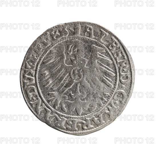 groschen, Albrecht Hohenzollern (Prince of Prussia; 1490–1568) — iconography: eagles, male busts in armor, Hohenzollern coat of arms. Obverse: Prussian eagle, on its chest the crowned letter S; on the rim between pearl-shaped borders an inscription beginning with a tower — the mint master's mark ALBER*D*G*MAR*BRAN*DVX*. Reverse: male bust in armor in profile to the right; short hair, long pointed beard with sideburns, dividing the inner rim; on the rim between pearl-shaped borders an inscription beginning with the Hohenzollern shield *IVSTVS*EX*FIDE*VIVIT* I558. 1558, Ducal Prussia (1525–1701), Königsberg; coin; diameter 23.0 mm; weight 1.62 g; axis 200°.
