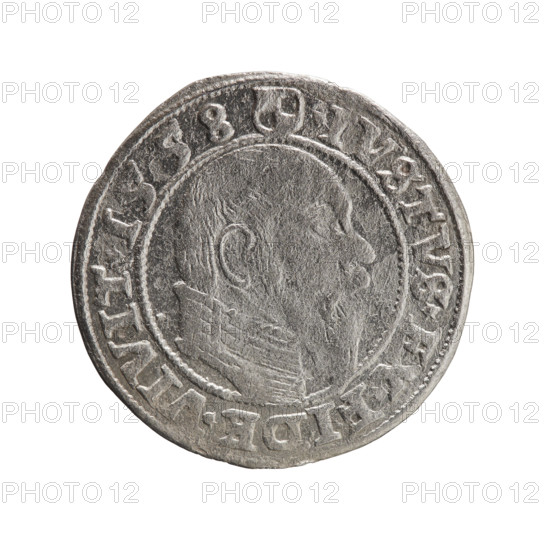 groschen, Albrecht Hohenzollern (Prince of Prussia; 1490–1568) — Obverse: Prussian eagle, on its chest the crowned letter S; on the rim between pearl-shaped borders an inscription beginning with a tower — the mint master's mark ALBER*D*G*MAR*BRAN*DVX*. Reverse: male bust in armor in profile to the right; short hair, long pointed beard with sideburns, dividing the inner rim; on the rim between pearl-shaped borders an inscription beginning with the Hohenzollern shield *IVSTVS*EX*FIDE*VIVIT* I558. 1558. Ducal Prussia (1525–1701), Königsberg. Coin: diameter 23.0 mm, weight 1.62 g, axis 200°.