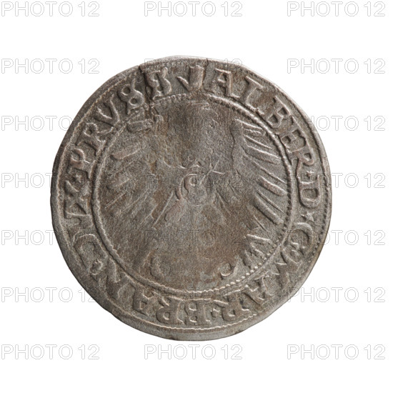 Groschen of Albrecht Hohenzollern (Prince of Prussia; 1490–1568), 1558. Obverse: Prussian eagle with crowned letter S on its chest; rim inscription beginning with a tower mint-master's mark between pearl-shaped borders. Reverse: male bust in armor, profile to the right, short hair, long pointed beard with sideburns; rim inscription beginning with the Hohenzollern shield reading *IVSTVS*EX*FIDE*VIVIT*. Ducal Prussia (Königsberg), coin; diameter 22.9 mm, weight 1.67 g, axis 350°.