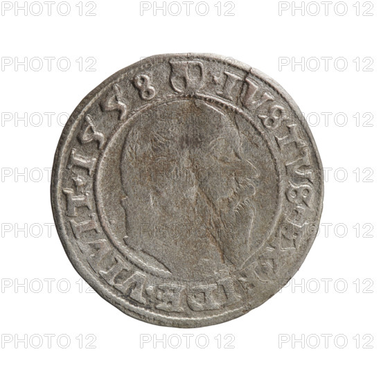 groschen, Albrecht Hohenzollern (Prince of Prussia; 1490–1568) — obverse: Prussian eagle with crowned letter S on its chest; on the rim, between pearl-shaped borders, an inscription beginning with a tower mint-master’s mark; legend ALBER DG MAR BRAN DVX PRVSS. Reverse: male bust in armor in profile to the right; short hair, long pointed beard with sideburns; on the rim, between pearl-shaped borders, an inscription beginning with the Hohenzollern shield and reading *IVSTVS*EX*FIDE*VIVIT*. Dated 1558; Königsberg, Ducal Prussia (1525–1701). Coin: diameter 22.9 mm, weight 1.67 g, axis 350°.