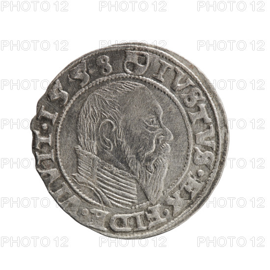 Albrecht Hohenzollern (Prince of Prussia; 1490–1568) — grosz, 1558. Obverse: Prussian eagle, on its chest the crowned letter S; on the rim between pearl-shaped borders an inscription beginning with a tower mint master's mark; between the words, points. Reverse: male bust in armor in profile to the right; short hair, long pointed beard with sideburns, dividing the inner rim; on the rim between pearl-shaped borders an inscription beginning with the Hohenzollern shield; between the words, points: IVSTVS EX FIDE VIVIT. Ducal Prussia (1525–1701), Königsberg. Coin: diameter 23.2 mm, weight 2.18 g, axis 60°.
