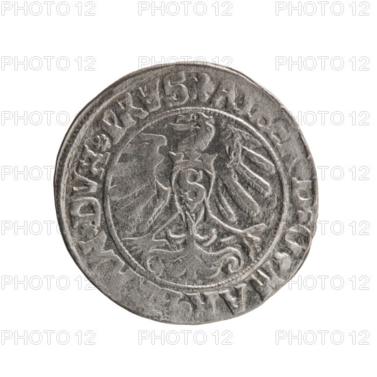 grosz, period forgery; Albrecht Hohenzollern (Prince of Prussia; 1490–1568) — iconography: eagles, Hohenzollern coat of arms, male bust in armor. Obverse: Prussian eagle, on its chest the crowned letter S; on the rim, between pearl-shaped borders, an inscription beginning with a rosette; the letter V in the shape of an inverted A; between the words rosettes: ALBER DG MAR, N DVX PRVS R. Reverse: male bust in armor in profile facing right; short hair, beard with sideburns; on the rim, between pearl-shaped borders, an inscription beginning with the Hohenzollern shield and rosettes; letters V in the shape of an inverted A; legend: IVSTVS EX FIDE VIVIT. After 1531; Ducal Prussia (1525–1701). Coin, period forgery. Diameter 22.5 mm; weight 1.72 g; axis 200°.