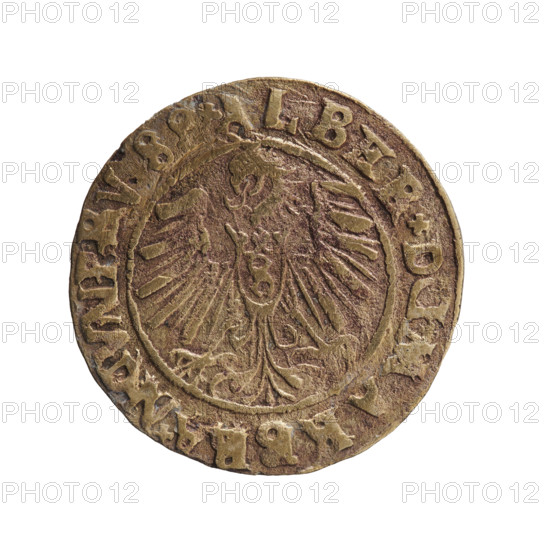 grosz, a period forgery, eagles, male busts in armor, Albrecht Hohenzollern (Prince of Prussia; 1490–1568) - iconography, Hohenzollern (coat of arms). Obverse: Prussian eagle, on its chest the crowned letter S; on the rim between pearl-shaped borders an inscription beginning with a rosette ALBER *DG, BRANCVNPRVSS. Reverse: male bust in armor in profile turned to the right; short hair, long pointed beard with sideburns; on the rim between pearl-shaped borders an inscription beginning with the Hohenzollern shield: *IVSTV, X*, VIVI, I5. After 1545, Ducal Prussia (1525–1701). Coin, counterfeit (from the period). Diameter 22.8 mm, weight 2.03 g, axis 45 degrees.