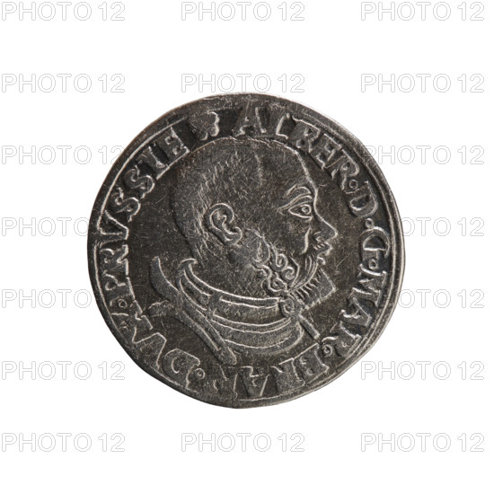 trojak; Straub (Strawb), Heinrich, publisher; Wille, Albrecht (fl. 1520-?), publisher; Decjusz, Jost Ludwik (fl. 1528-1535); Albrecht Hohenzollern (Prince of Prussia; 1490–1568) — iconography: rosettes, male busts in armour. Obverse: male bust in armour in profile turned to the right; short hair, beard with sideburns. In the rim an inscription beginning with a rosette ALBER DG MAR BRAN DVX PRVSSIE; continuous border. Reverse: in the double continuous border an inscription in six lines *III*/GROSS:AR:/TRIPLEX/ALBER:DV:/PRVSSIE/*I530*. Date: 1530. Place: Ducal Prussia (1525–1701), Königsberg. Object: coin; diameter 20.3 mm; weight 2.56 g; axis 140°.