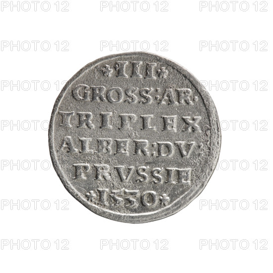trojak, Wille, Albrecht (fl. 1520-?), publisher, Straub (Strawb), Heinrich, publisher, Decjusz, Jost Ludwik (fl. 1528-1535), Albrecht Hohenzollern (Prince of Prussia; 1490-1568) - iconography, male busts in armour, stars, obv. Male bust in armour in profile turned to the right; short hair, beard with sideburns. In the rim the inscription *ALBER.DGMAR.BRAN.DVX.PRVSSI continuous border Rw. In the continuous border the inscription in six lines *III*/GROSS:AR./TRIPLEX/ALBER:DV:/PRVSSIE/*I530*, 1530, Ducal Prussia (1525-1701), Königsberg, coin, coin: diameter 20.5 mm, weight 2.33 g, axis 45 degrees
