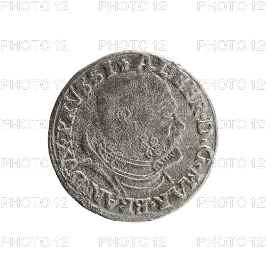 trojak, Wille, Albrecht (fl. 1520-?), publisher, Straub (Strawb), Heinrich, publisher, Decjusz, Jost Ludwik (fl. 1528-1535), Albrecht Hohenzollern (Prince of Prussia; 1490-1568) - iconography, male busts in armour, stars, obv. Male bust in armour in profile turned to the right; short hair, beard with sideburns. In the rim the inscription *ALBER.DGMAR.BRAN.DVX.PRVSSI continuous border Rw. In the continuous border the inscription in six lines *III*/GROSS:AR./TRIPLEX/ALBER:DV:/PRVSSIE/*I530*, 1530, Ducal Prussia (1525-1701), Königsberg, coin, coin: diameter 20.5 mm, weight 2.33 g, axis 45 degrees