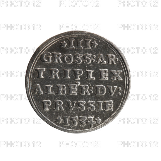 trojak; Wille, Albrecht (fl. 1520-?), publisher; Straub (Strawb), Heinrich, publisher; Decjusz, Jost Ludwik (fl. 1528-1535). Albrecht Hohenzollern (Prince of Prussia; 1490–1568) — iconography: male busts in armour, stars. Obverse: male bust in armour in profile turned to the right; short hair, beard with sideburns. In the rim the inscription ALBER*D*G*MAR*BRAN*DVX*PRVSSIE; continuous border. Reverse: in the triple continuous border the inscription in six lines III/GROSS:AR./TRIPLEX/ALBER:DV:/PRVSSIE/*I534*. Date: 1534. Place: Ducal Prussia (1525–1701), Königsberg. Object: coin; diameter 20.6 mm; weight 2.62 g; axis 280 degrees.