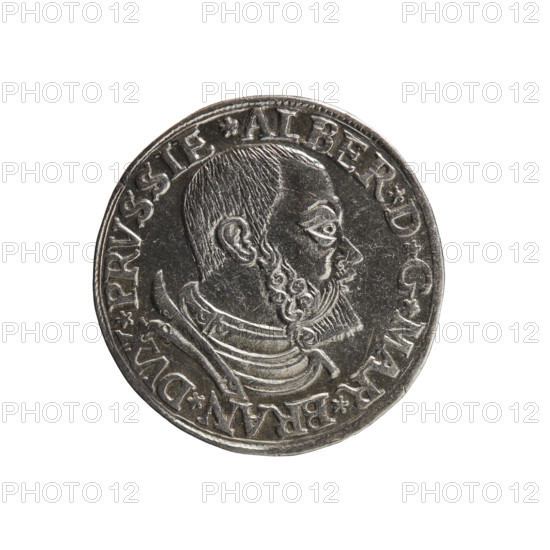 trojak; Wille, Albrecht (fl. 1520-?), publisher; Straub (Strawb), Heinrich, publisher; Decjusz, Jost Ludwik (fl. 1528-1535). Albrecht Hohenzollern (Prince of Prussia; 1490–1568) — iconography: male busts in armour, stars. Obverse: male bust in armour in profile turned to the right; short hair, beard with sideburns. In the rim the inscription ALBER*D*G*MAR*BRAN*DVX*PRVSSIE; continuous border. Reverse: in the triple continuous border the inscription in six lines III/GROSS:AR./TRIPLEX/ALBER:DV:/PRVSSIE/*I534*; date 1534. Ducal Prussia (1525–1701), Königsberg. Coin: diameter 20.6 mm, weight 2.62 g, axis 280°.