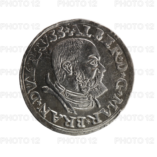 Decius, Jost Ludwik (fl. 1528–1535). Albrecht Hohenzollern (Prince of Prussia; 1490–1568) — iconography: male busts in armour, stars. Obverse: male bust in armour in profile turned to the right; short hair, beard with sideburns. Inscription around the rim: *ALBER*D*G*MAR*BRAN*DVX*PRVSS*. Continuous border (double line). Reverse: within a double continuous border an inscription in six lines: *III*/GROSS:AR:/TRIPLEX/ALBER:DVC:/PRVSSIE/*1535*. Date: 1535. Place: Ducal Prussia (1525–1701), Königsberg. Object: coin; diameter 22.8 mm; weight 2.66 g; axis 90 degrees.