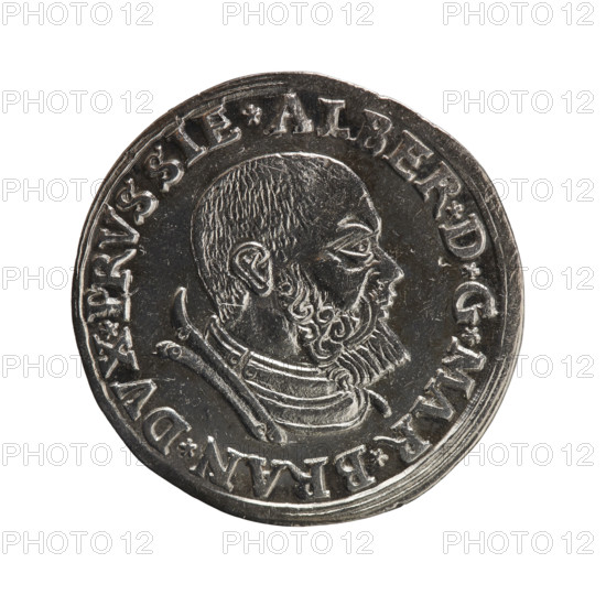 trojak, Decius, Jost Ludwik (fl. 1528-1535), Albrecht Hohenzollern (Prince of Prussia; 1490-1568) - iconography, male busts in armour, stars. Obv. Male bust in armour in profile turned to the right; short hair, beard with sideburns. In the rim the inscription *ALBER*D*G*MAR*BRAN*DVX*PRVSSIE*; continuous border (triple line). Rev. In a triple continuous border an inscription in six lines *III*/GROSS:AR:/TRIPLEX/ALBER:DVC:/PRVSSIE/*I535*; 1535. Ducal Prussia (1525-1701), Königsberg; coin, diameter 23.1 mm, weight 2.60 g, axis 170 degrees.