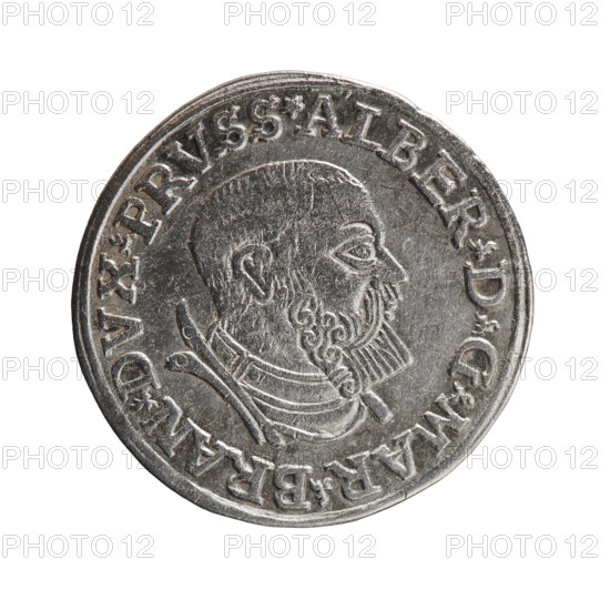 Trojak, Decius, Jost Ludwik (fl. 1528–1535). Albrecht Hohenzollern (Prince of Prussia; 1490–1568) — iconography: male busts in armour, stars. Obverse: male bust in armour in profile turned to the right; short hair, beard with sideburns. Inscription around the rim: *ALBER DG MAR BRAN DVX PRVSS*. Continuous border, floral motifs between the words. Reverse: in a double continuous border an inscription in six lines: *III*/.GROSS:AR:/.TRIPLEX./.ALBER:DVC./.PRVSSIE./*I535* (1535). Date: 1535. Place: Ducal Prussia (1525–1701), Königsberg. Object: coin (trojak); diameter 23.8 mm, weight 2.57 g, axis 170°.