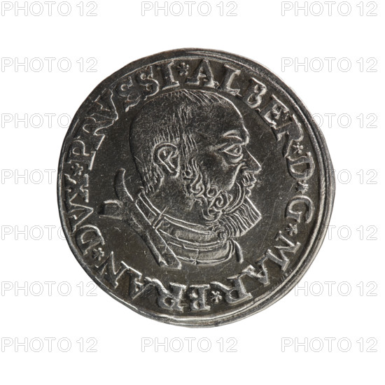 Decius, Jost Ludwik (fl. 1528–1535). Albrecht Hohenzollern (Prince of Prussia; 1490–1568) — iconography: male busts in armour, stars. Obverse: male bust in armour in profile turned to the right; short hair, beard with sideburns. In the rim the inscription *ALBER*D*G*MAR*BRAN*DVX*PRVSSI*, continuous border, double line. Reverse: in a double continuous border an inscription in six lines *III*/GROSS:, R/TRIPL, X/ALBER:DVC/PRVSSIE/*I535*; dated 1535. Ducal Prussia (1525–1701), Königsberg. Coin; diameter 22.5 mm, weight 2.61 g, axis 350°.