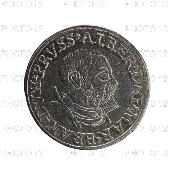 trojak, Decius, Jost Ludwik (fl. 1528-1535), Albrecht Hohenzollern (Prince of Prussia; 1490-1568) - iconography, male busts in armour, stars. Obv. Male bust in armour in profile turned to the right; short hair, beard with sideburns. Inscription around the rim *ALBER DG MAR BRAN DVX PRVSS*; continuous border, floral motifs between the words. Rev. In a double continuous border an inscription in six lines *III*/.GROSS:AR:/.TRIPLEX./.ALB, R:DVC./.PRVSSIE./*I535*; 1535. Ducal Prussia (1525-1701), Königsberg. Coin: diameter 23.3 mm, weight 2.52 g, axis 220 degrees.