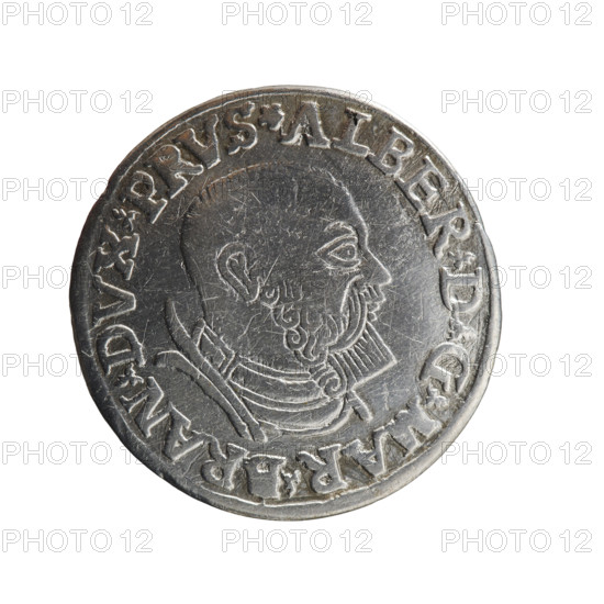 Trojak, Decius, Jost Ludwik (fl. 1528–1535). Albrecht Hohenzollern (Prince of Prussia; 1490–1568) — iconography: male busts in armour, stars. Obverse: male bust in armour in profile turned to the right; short hair, beard with sideburns; inscription around the rim *ALBER DG MAR BRAN DVX PRVS*; continuous border with floral motifs between the words. Reverse: continuous border with inscription in six lines *III*/.GRO, :AR:/.TREX./.AL, VC./.PRVSSIE./*I535*; date 1535. Ducal Prussia (1525–1701), Königsberg. Coin; diameter 22.6 mm; weight 2.44 g; axis 135°.