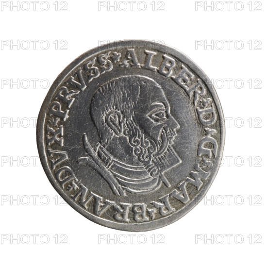trojak, Decius, Jost Ludwik (fl. 1528-1535), Albrecht Hohenzollern (Prince of Prussia; 1490-1568) - iconography, male busts in armour, stars. Obv. Male bust in armour in profile turned to the right; short hair, beard with sideburns. Inscription around the rim *ALBER DG MAR BRAN DVX PRVSS continuous border, floral motifs between the words. Rev. In the continuous border an inscription in six lines: *III*/.GROSS:AR:/.TREX./.AL, VC./.PRVSSIE./*I535*, 1535. Ducal Prussia (1525-1701), Königsberg. Coin: diameter 23.4 mm, weight 2.47 g, axis 340°.