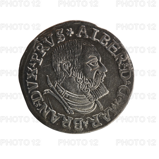 trojak, Vogelwaider (Vogelwaid), Eustachius, publisher, Decius, Jost Ludwik (fl. 1528-1535). Albrecht Hohenzollern (Prince of Prussia; 1490-1568) - iconography, male busts in armour, stars. Obv. Male bust in armour in profile turned to the right; short hair, beard with sideburns. Inscription around the rim *ALBER DG MAR BRAN DVX PRVS continuous border, floral motifs between the words. Rev. In the continuous border an inscription in six lines *III*/.GROSS:AR:/.TRIPLEX./.ALBER:DVC./.PRVSSIE./*I537*, 1537, Ducal Prussia (1525-1701), Königsberg, coin: diameter 22.0 mm, weight 2.61 g, axis 350 degrees.