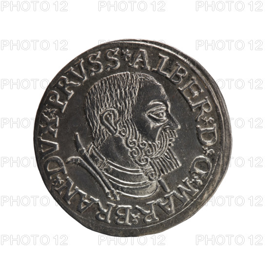 Trojak, Decius, Jost Ludwik (fl. 1528–1535), Vogelwaider (Vogelwaid), Eustachius, publisher. Albrecht Hohenzollern (Prince of Prussia; 1490–1568) — iconography: male busts in armour, stars. Obv.: Male bust in armour in profile turned to the right; short hair, beard with sideburns. Inscription around the rim: *ALBER DG MAR BRAN DVX PRVSS*. Rev.: In the continuous border an inscription in six lines: *III*/.GROSS:AR:/.TRIPLEX./.ALBER:DVC./.PRVSSIE./*I537*; date: 1537. Ducal Prussia (1525–1701), Königsberg. Coin; diameter 22.3 mm, weight 2.61 g, axis 0°.