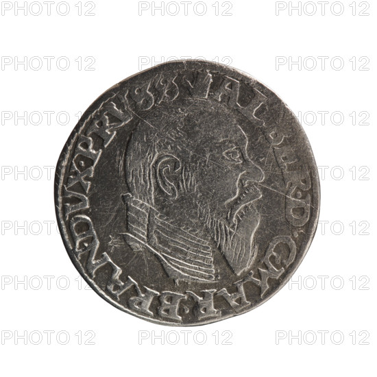 Albrecht Hohenzollern (Prince of Prussia; 1490–1568) trojak coin, iconography: towers, male busts in armor. Obverse: male bust in armor in profile to the right; short hair, long pointed beard with sideburns; rim inscription beginning with a tower -AL, RDGMAR.BRAN.DVX.PRVSS; pearl border. Reverse: in the pearl border an inscription in six lines +III+/.GROSS:AR./.TRIPLEX./.ALBER:DV, /.PRVSSI, /+1558+; denomination and date between lilac crosses, 1558. Ducal Prussia (1525–1701), Königsberg. Coin: diameter 21.9 mm, weight 2.55 g, axis 270°.